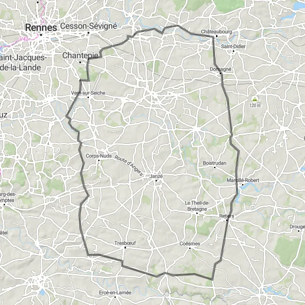 Miniature de la carte de l'inspiration cycliste "Parcours champêtre de Servon-sur-Vilaine à Noyal-sur-Vilaine" dans la Bretagne, France. Générée par le planificateur d'itinéraire cycliste Tarmacs.app