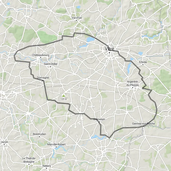 Miniature de la carte de l'inspiration cycliste "Promenade vers Vitré et Brielles" dans la Bretagne, France. Générée par le planificateur d'itinéraire cycliste Tarmacs.app