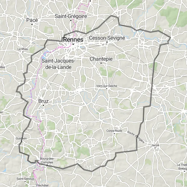 Miniature de la carte de l'inspiration cycliste "Tour panoramique autour de Servon-sur-Vilaine" dans la Bretagne, France. Générée par le planificateur d'itinéraire cycliste Tarmacs.app