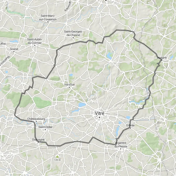 Map miniature of "Combourtillé and La Chapelle-Erbrée Loop" cycling inspiration in Bretagne, France. Generated by Tarmacs.app cycling route planner