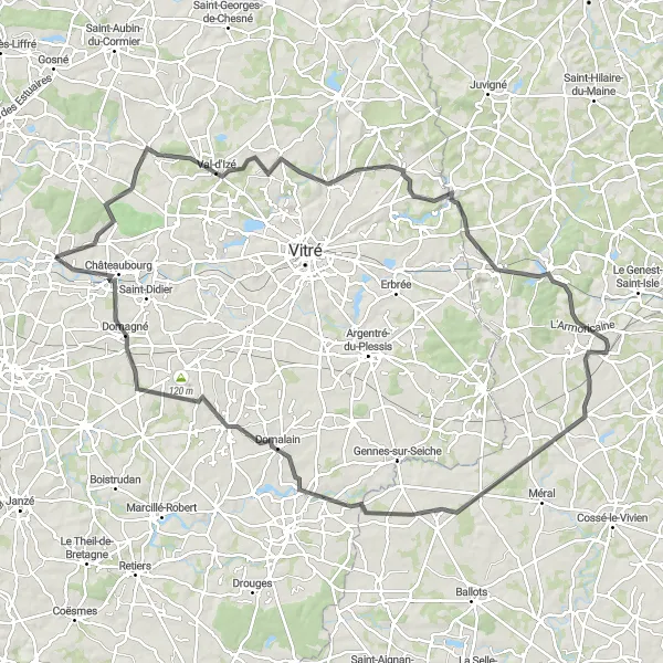 Miniature de la carte de l'inspiration cycliste "Tour vers Balazé et Saint-Poix" dans la Bretagne, France. Générée par le planificateur d'itinéraire cycliste Tarmacs.app