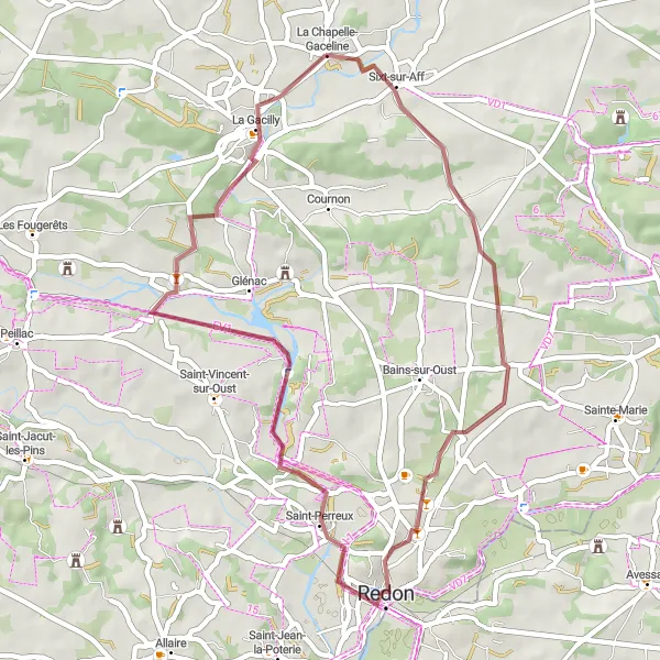 Map miniature of "Redon and Belvédère Wildlife Sanctuary" cycling inspiration in Bretagne, France. Generated by Tarmacs.app cycling route planner