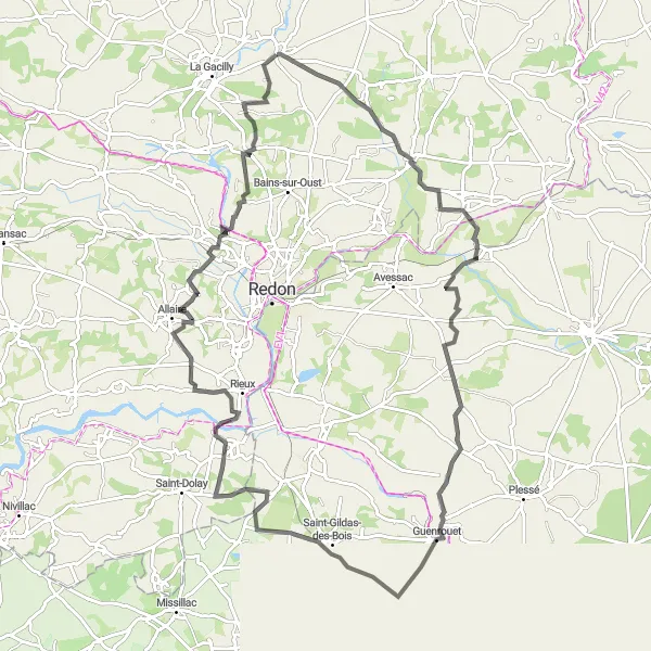 Map miniature of "Scenic Route through Renac and Saint-Gildas-des-Bois" cycling inspiration in Bretagne, France. Generated by Tarmacs.app cycling route planner