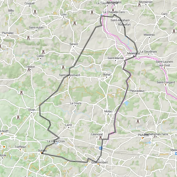 Map miniature of "La Vraie-Croix to Questembert" cycling inspiration in Bretagne, France. Generated by Tarmacs.app cycling route planner