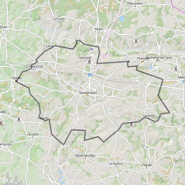 Map miniature of "Sulniac Discovery Road Ride" cycling inspiration in Bretagne, France. Generated by Tarmacs.app cycling route planner