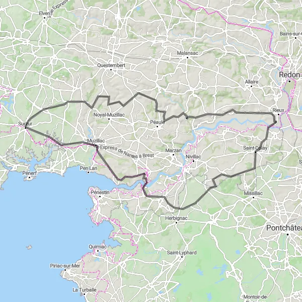 Map miniature of "Surzur Road Adventure" cycling inspiration in Bretagne, France. Generated by Tarmacs.app cycling route planner