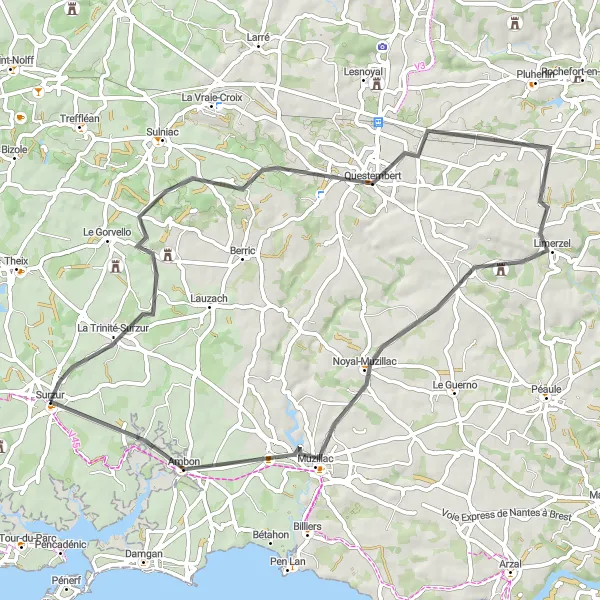 Map miniature of "Questembert Circuit" cycling inspiration in Bretagne, France. Generated by Tarmacs.app cycling route planner