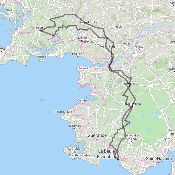 Map miniature of "Surzur Coastal Route" cycling inspiration in Bretagne, France. Generated by Tarmacs.app cycling route planner