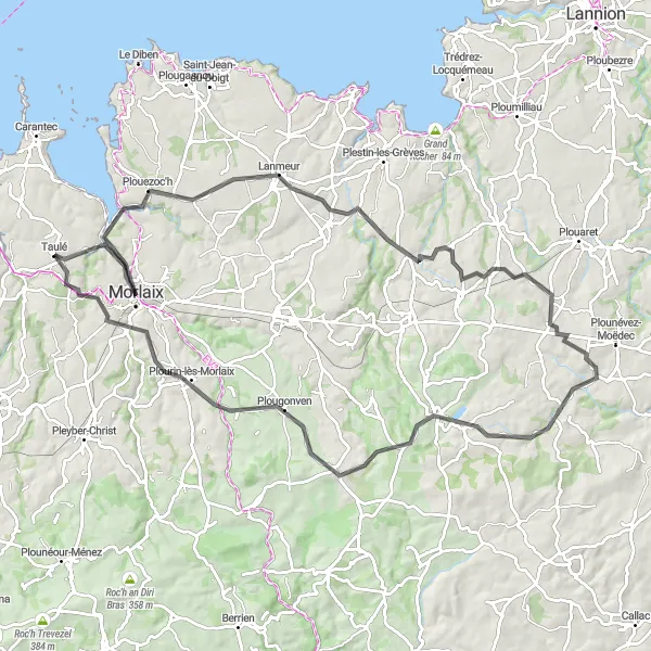 Miniature de la carte de l'inspiration cycliste "Circuit de vélo de Morlaix à Guerlesquin" dans la Bretagne, France. Générée par le planificateur d'itinéraire cycliste Tarmacs.app