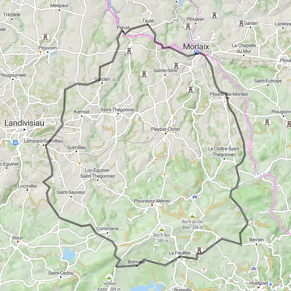 Miniature de la carte de l'inspiration cycliste "Boucle cycliste de Morlaix à Taulé" dans la Bretagne, France. Générée par le planificateur d'itinéraire cycliste Tarmacs.app