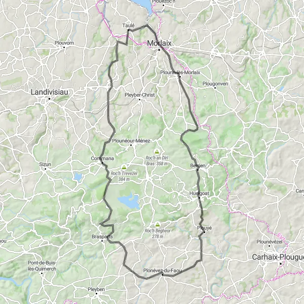 Map miniature of "The Faou and Penhoat Experience" cycling inspiration in Bretagne, France. Generated by Tarmacs.app cycling route planner