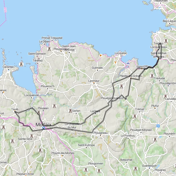 Map miniature of "From Taulé to Plouégat-Guérand" cycling inspiration in Bretagne, France. Generated by Tarmacs.app cycling route planner