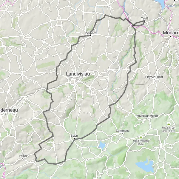 Miniature de la carte de l'inspiration cycliste "Boucle des Enclos Paroissiaux" dans la Bretagne, France. Générée par le planificateur d'itinéraire cycliste Tarmacs.app