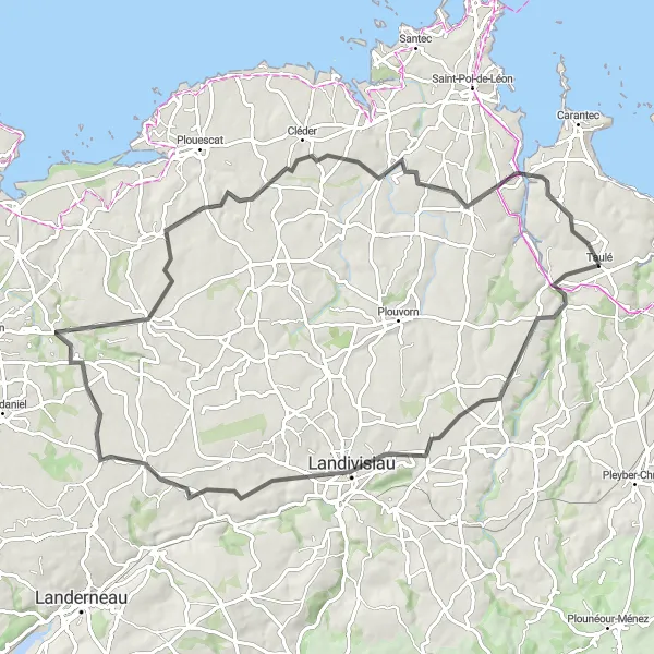 Map miniature of "Exploring Landivisiau and Cléder" cycling inspiration in Bretagne, France. Generated by Tarmacs.app cycling route planner