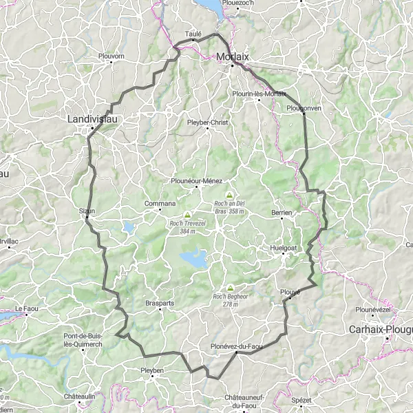 Miniature de la carte de l'inspiration cycliste "Parcours des Monts d'Arrée" dans la Bretagne, France. Générée par le planificateur d'itinéraire cycliste Tarmacs.app
