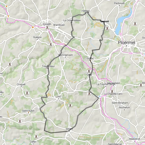 Miniature de la carte de l'inspiration cycliste "Tour Quily - Sérent - Saint-Gobrien - Helléan - Quily" dans la Bretagne, France. Générée par le planificateur d'itinéraire cycliste Tarmacs.app
