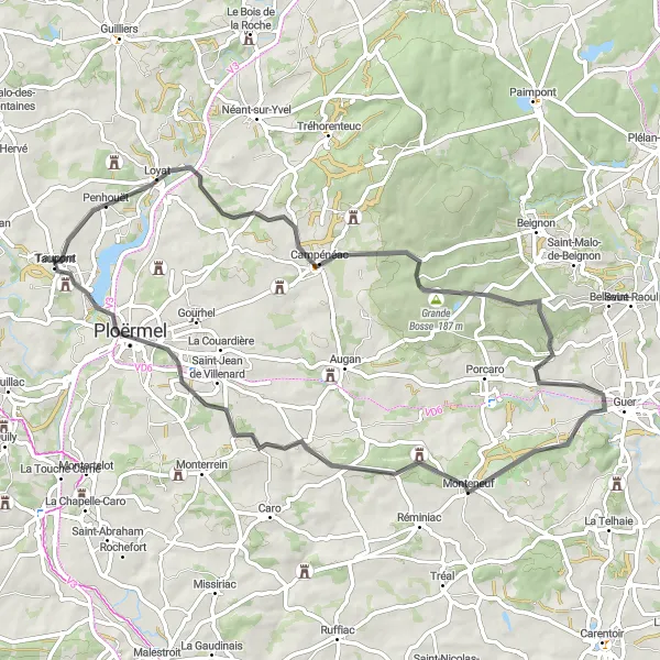 Miniature de la carte de l'inspiration cycliste "Parcours vers Monteneuf" dans la Bretagne, France. Générée par le planificateur d'itinéraire cycliste Tarmacs.app