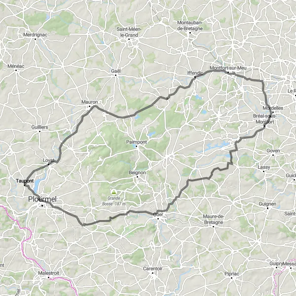 Map miniature of "The Enchanting Loyat and Ploërmel Road" cycling inspiration in Bretagne, France. Generated by Tarmacs.app cycling route planner