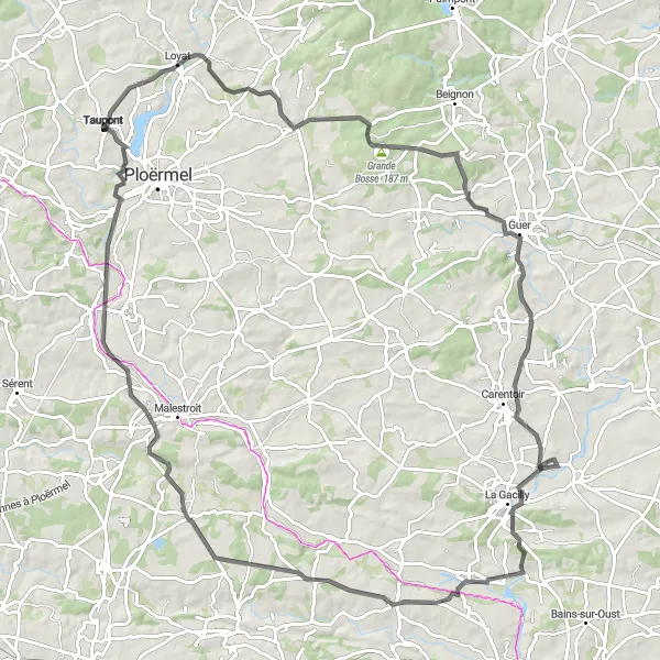 Miniature de la carte de l'inspiration cycliste "Tour Taupont - Loyat - Campénéac - Guer - La Chapelle-Gaceline - Peillac - Pleucadeuc - Manoir de la Touche-Carné - Taupont" dans la Bretagne, France. Générée par le planificateur d'itinéraire cycliste Tarmacs.app