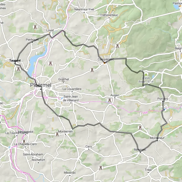 Miniature de la carte de l'inspiration cycliste "Escapade vers Ploërmel" dans la Bretagne, France. Générée par le planificateur d'itinéraire cycliste Tarmacs.app