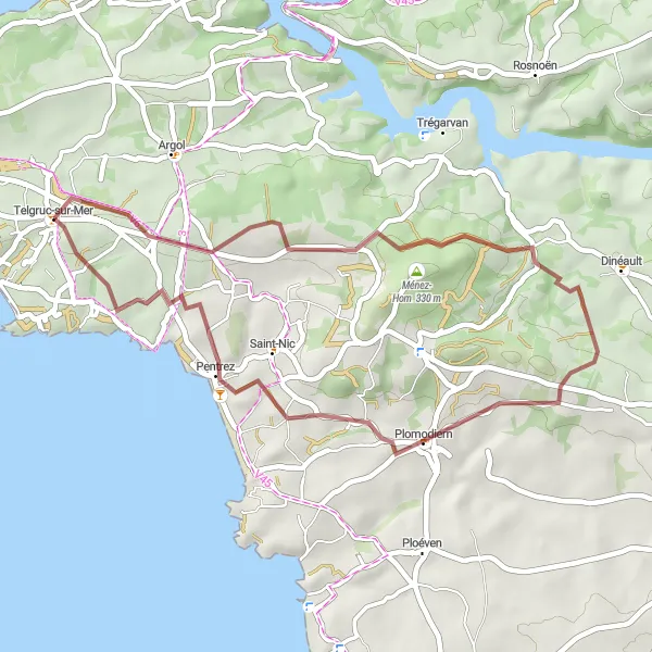 Map miniature of "Gravel Adventure to Ménez-Hom" cycling inspiration in Bretagne, France. Generated by Tarmacs.app cycling route planner