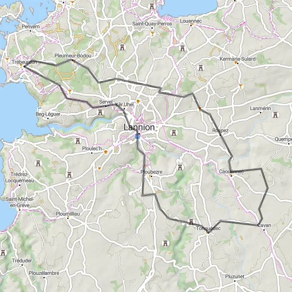 Map miniature of "Pleumeur-Bodou to Château de Tonquédec Loop" cycling inspiration in Bretagne, France. Generated by Tarmacs.app cycling route planner