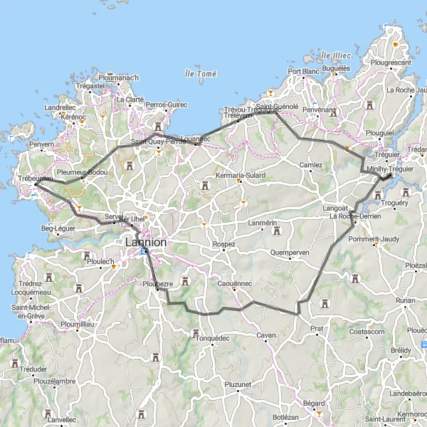 Miniature de la carte de l'inspiration cycliste "Entre Terre et Mer" dans la Bretagne, France. Générée par le planificateur d'itinéraire cycliste Tarmacs.app