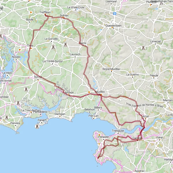 Miniature de la carte de l'inspiration cycliste "Parcours vers Berric et Pénestin" dans la Bretagne, France. Générée par le planificateur d'itinéraire cycliste Tarmacs.app