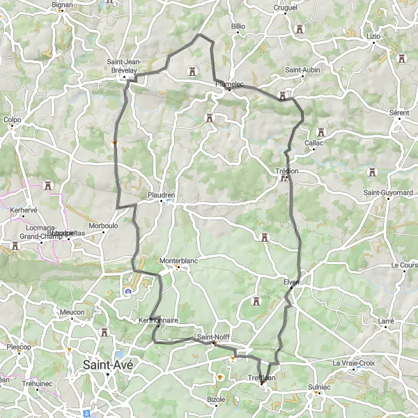 Miniature de la carte de l'inspiration cycliste "Parcours jusqu'à Plumelec et Elven" dans la Bretagne, France. Générée par le planificateur d'itinéraire cycliste Tarmacs.app