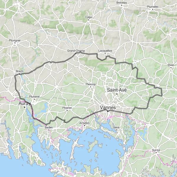 Miniature de la carte de l'inspiration cycliste "Tour à vélo vers Le Bono et Locmaria-Grand-Champ" dans la Bretagne, France. Générée par le planificateur d'itinéraire cycliste Tarmacs.app