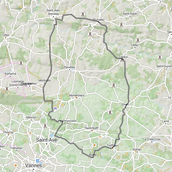 Miniature de la carte de l'inspiration cycliste "Boucle à Treffléan et Saint-Jean-Brévelay" dans la Bretagne, France. Générée par le planificateur d'itinéraire cycliste Tarmacs.app