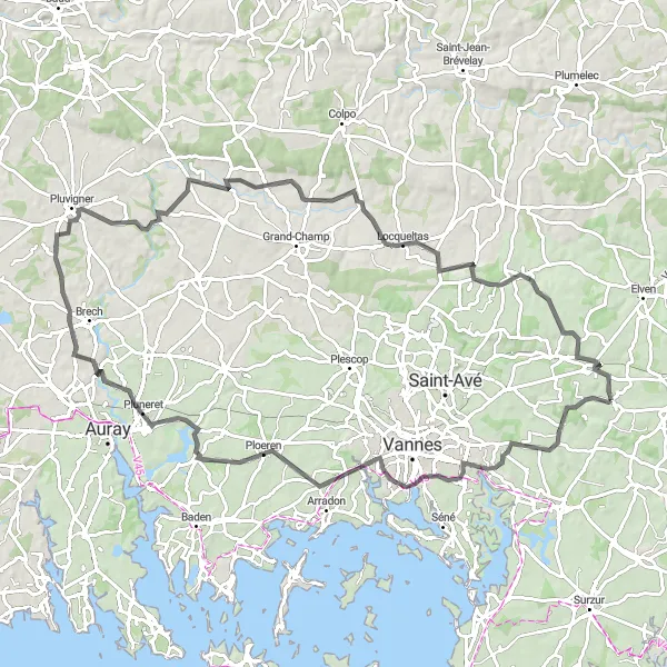 Miniature de la carte de l'inspiration cycliste "Parcours jusqu'à Locqueltas et Pluneret" dans la Bretagne, France. Générée par le planificateur d'itinéraire cycliste Tarmacs.app