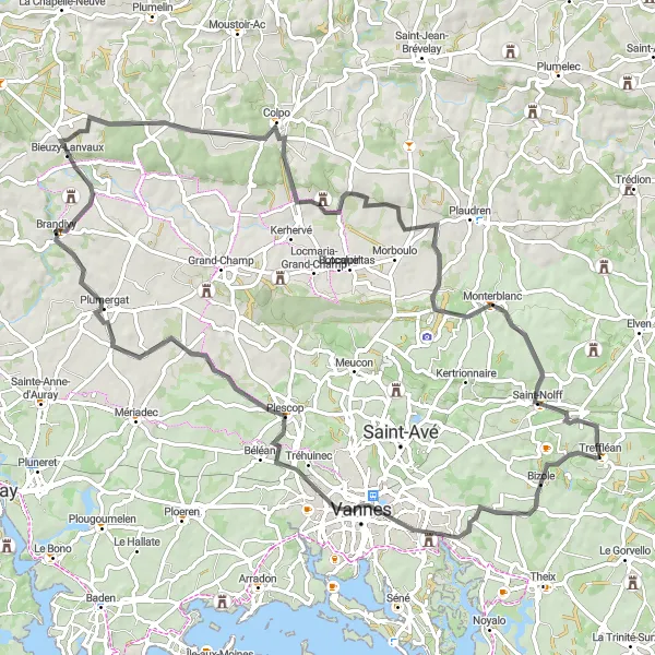 Miniature de la carte de l'inspiration cycliste "Boucle vers Plescop et Monterblanc" dans la Bretagne, France. Générée par le planificateur d'itinéraire cycliste Tarmacs.app