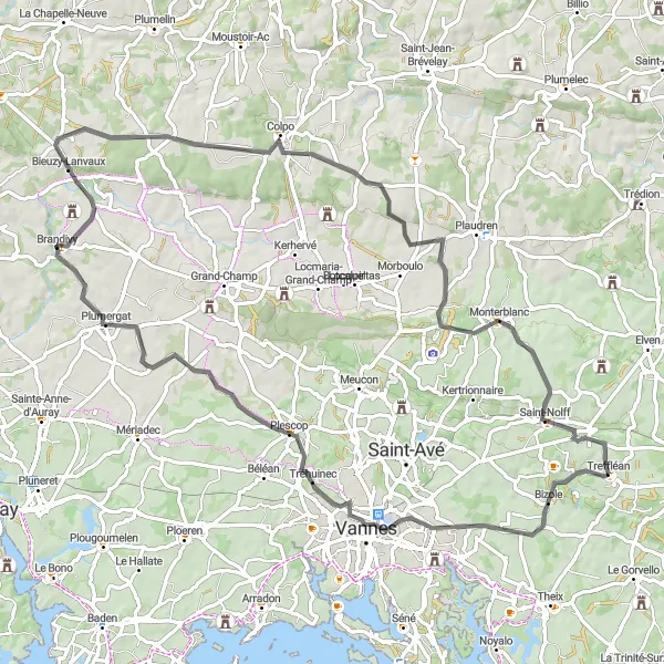 Miniature de la carte de l'inspiration cycliste "Boucle vers Plescop et Saint-Nolff" dans la Bretagne, France. Générée par le planificateur d'itinéraire cycliste Tarmacs.app