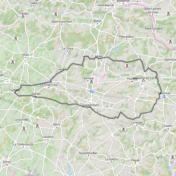 Miniature de la carte de l'inspiration cycliste "Balade à Molac et Questembert" dans la Bretagne, France. Générée par le planificateur d'itinéraire cycliste Tarmacs.app