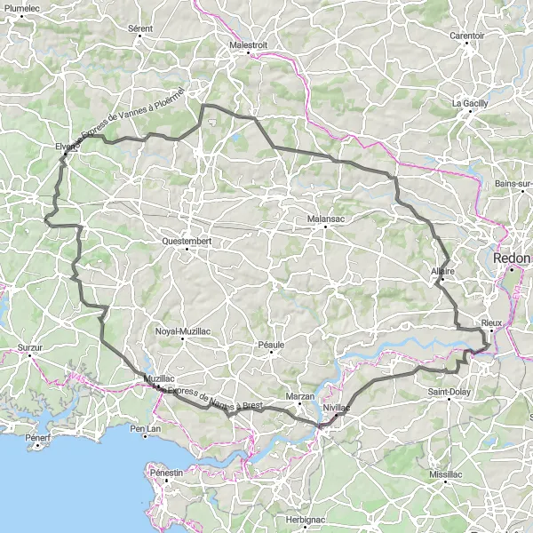 Miniature de la carte de l'inspiration cycliste "Route panoramique vers Nivillac et Muzillac" dans la Bretagne, France. Générée par le planificateur d'itinéraire cycliste Tarmacs.app
