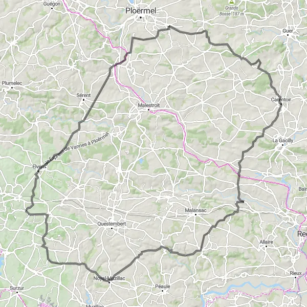 Miniature de la carte de l'inspiration cycliste "Traversée de Monteneuf et Limerzel" dans la Bretagne, France. Générée par le planificateur d'itinéraire cycliste Tarmacs.app