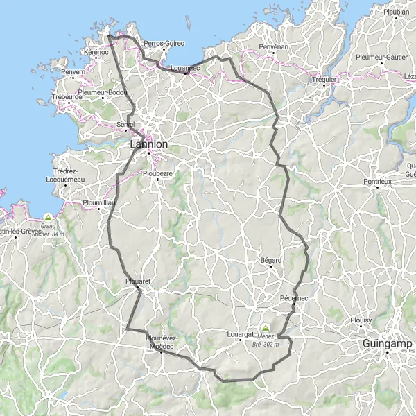 Miniature de la carte de l'inspiration cycliste "Défi sportif de 105 km autour de Trégastel" dans la Bretagne, France. Générée par le planificateur d'itinéraire cycliste Tarmacs.app
