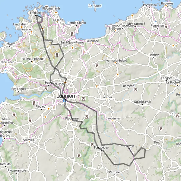 Miniature de la carte de l'inspiration cycliste "Circuit de Trégastel vers Lannion" dans la Bretagne, France. Générée par le planificateur d'itinéraire cycliste Tarmacs.app