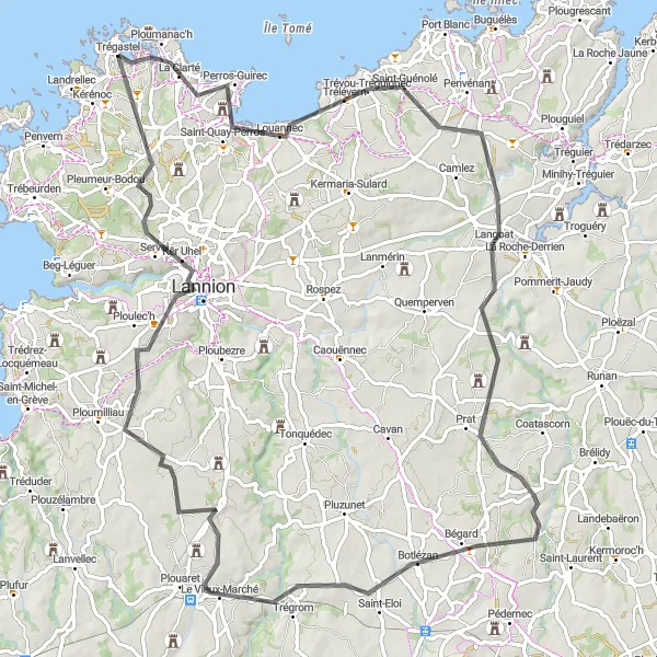 Map miniature of "Trégastel Loop" cycling inspiration in Bretagne, France. Generated by Tarmacs.app cycling route planner