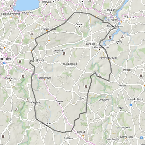 Map miniature of "La Roche-Derrien and Kermaria-Sulard Cycling Adventure" cycling inspiration in Bretagne, France. Generated by Tarmacs.app cycling route planner