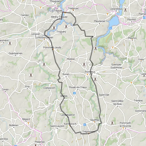 Map miniature of "Tréguier to Tréguier Circuit via Rocher argenté, Pontrieux, and Minihy-Tréguier" cycling inspiration in Bretagne, France. Generated by Tarmacs.app cycling route planner