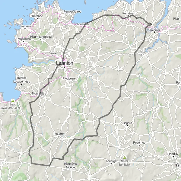 Map miniature of "Berhet and Lannion Round-trip Cycling Route" cycling inspiration in Bretagne, France. Generated by Tarmacs.app cycling route planner