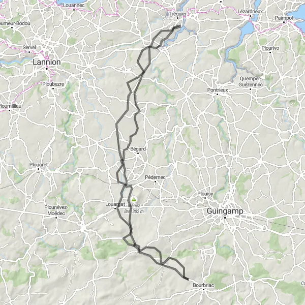 Map miniature of "Tréguier to La Roche-Derrien via Louargat, Menez Bré, and Langoat" cycling inspiration in Bretagne, France. Generated by Tarmacs.app cycling route planner