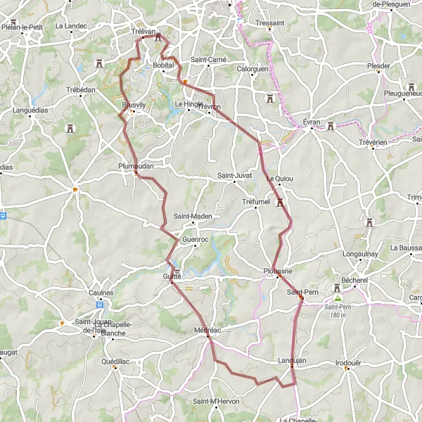 Miniature de la carte de l'inspiration cycliste "Les collines de Trélivan" dans la Bretagne, France. Générée par le planificateur d'itinéraire cycliste Tarmacs.app