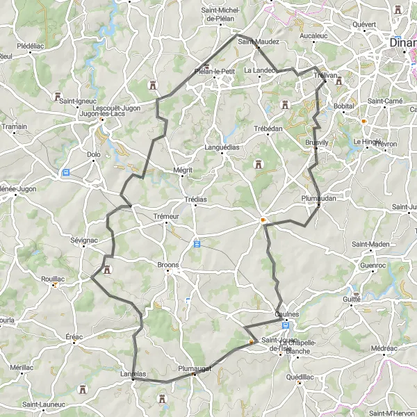 Miniature de la carte de l'inspiration cycliste "Parcours rural près de Brusvily et Caulnes" dans la Bretagne, France. Générée par le planificateur d'itinéraire cycliste Tarmacs.app