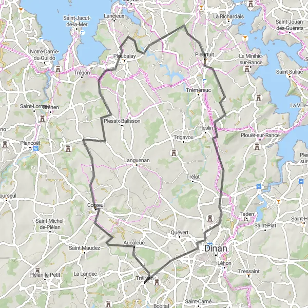 Miniature de la carte de l'inspiration cycliste "Tour d'Aucaleuc et Ploubalay" dans la Bretagne, France. Générée par le planificateur d'itinéraire cycliste Tarmacs.app