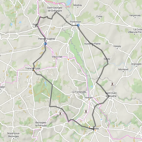 Miniature de la carte de l'inspiration cycliste "La Route des Collines" dans la Bretagne, France. Générée par le planificateur d'itinéraire cycliste Tarmacs.app