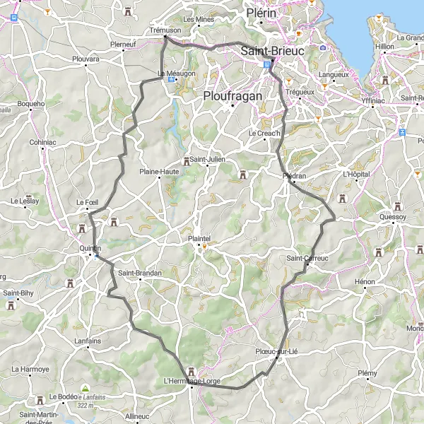 Miniature de la carte de l'inspiration cycliste "Promenade autour de Quintin" dans la Bretagne, France. Générée par le planificateur d'itinéraire cycliste Tarmacs.app