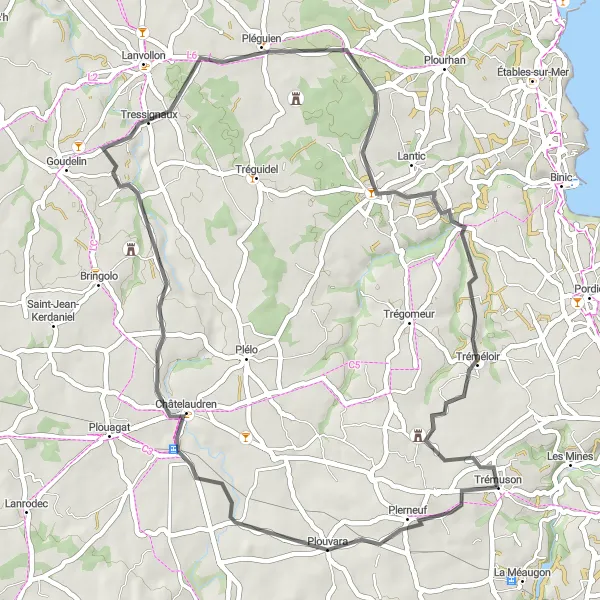 Miniature de la carte de l'inspiration cycliste "Tour de la Vallée des Rivières" dans la Bretagne, France. Générée par le planificateur d'itinéraire cycliste Tarmacs.app